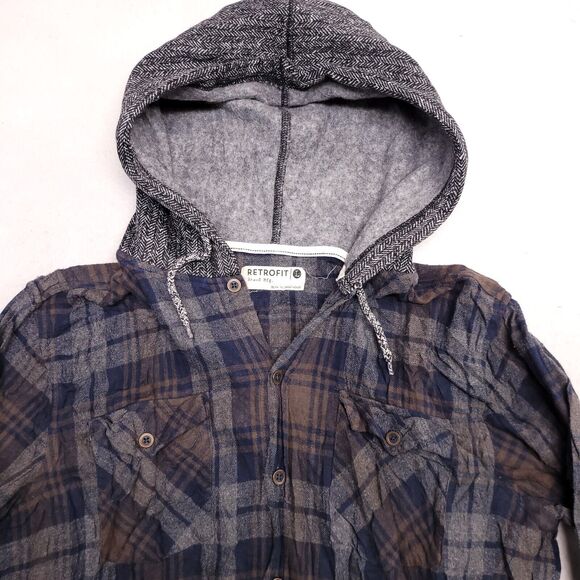 Retrofit Casual Button Up Long Sleeve Hoodie Mens Size Large L Blue Brown - Picture 1 of 10